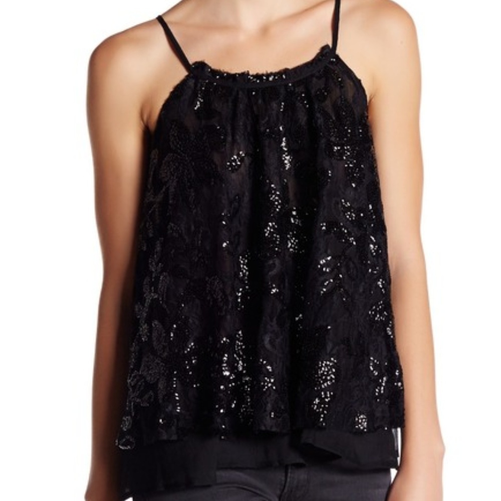 En Creme Strappy Black Sleeveless Sequin Top